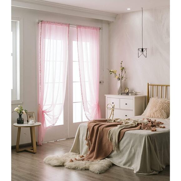 Sheer Curtains with Pom pom Linen Curtains Set of 2 Curtain Panels 54 X 53, Pink - Picture 6 of 12